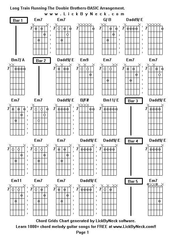 Chord Grids Chart of chord melody fingerstyle guitar song-Long Train Running-The Doobie Brothers-BASIC Arrangement,generated by LickByNeck software.